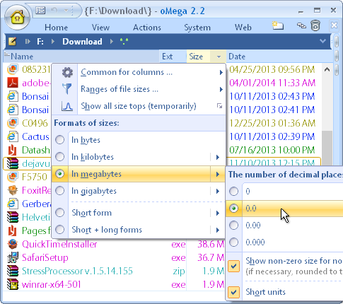 oMega Commander Features. Formatting of file and folder sizes in the list.